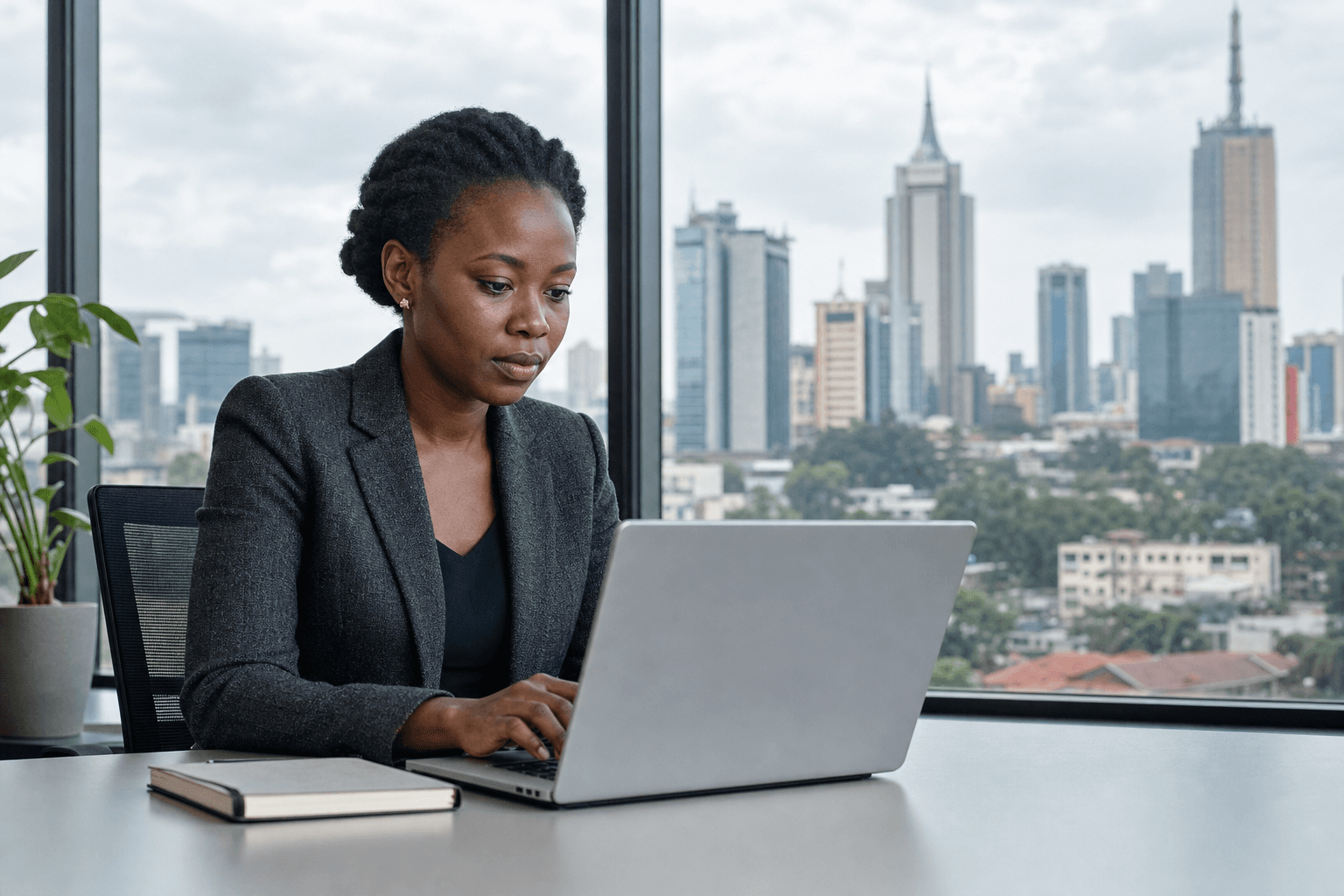 Finance professional reviewing market intelligence in a Nairobi office