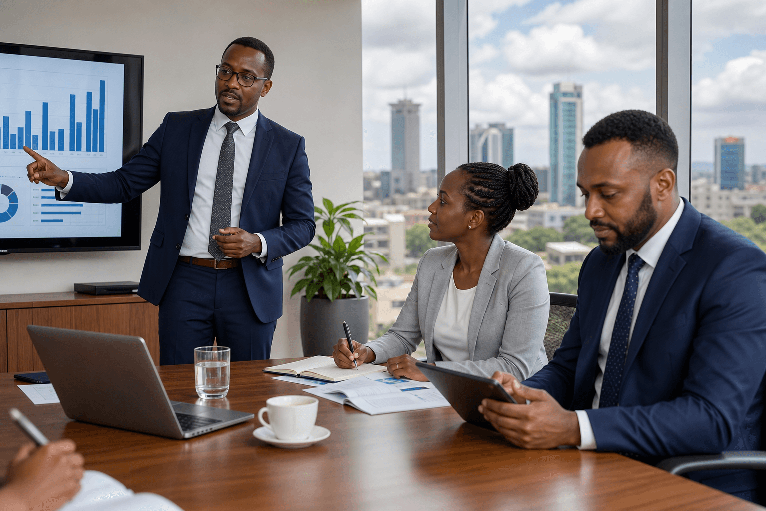 Diverse East African finance professionals collaborating around market analysis in a bright office