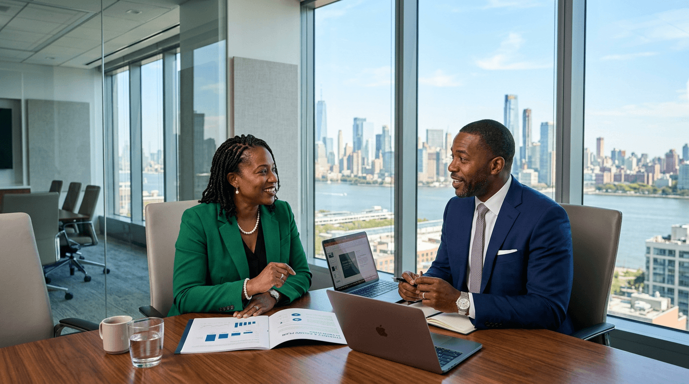 Professionals discussing financial intelligence products in a modern workspace