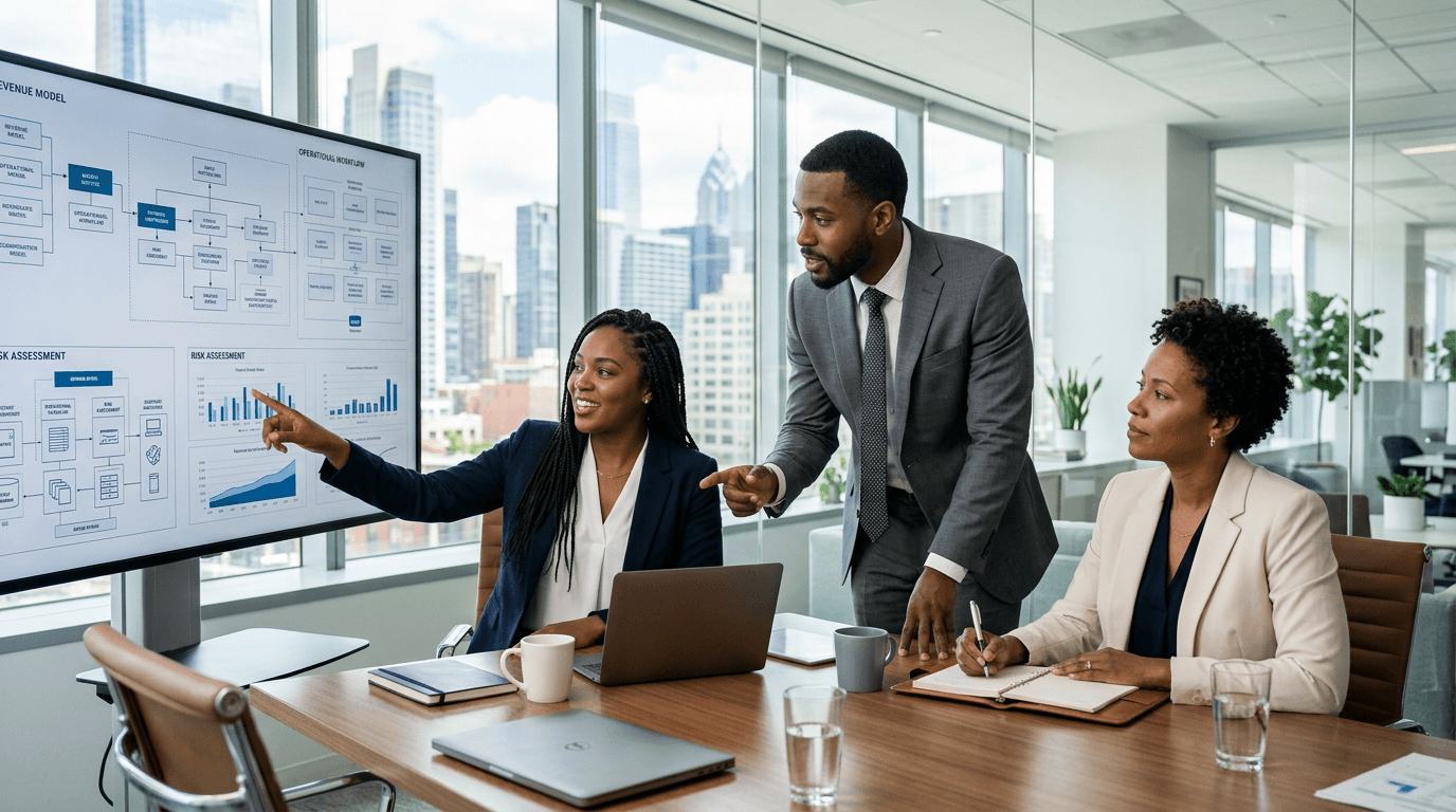 Team of professionals collaborating over system diagrams in a modern conference room